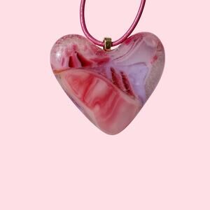 Pink Beauty Heart Pendant, Custom Glass Fused,  Pink Metallic Leather Cord. 18"
